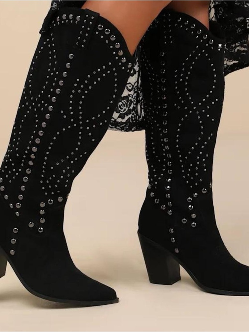 Lulu's Black Studded Knee-High Heeled Boots
